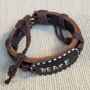 Handmade Leather Peace Affirmation Bracelet Black Brown White Adjustable